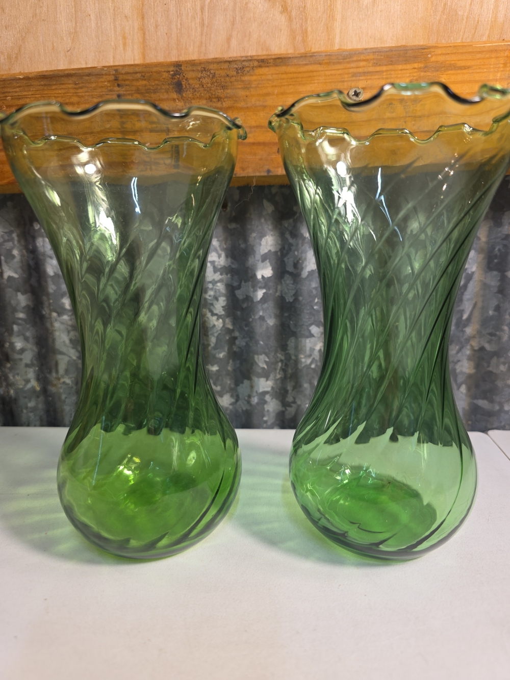 Anchor Hocking Green Swirl Glass Vase Pair
